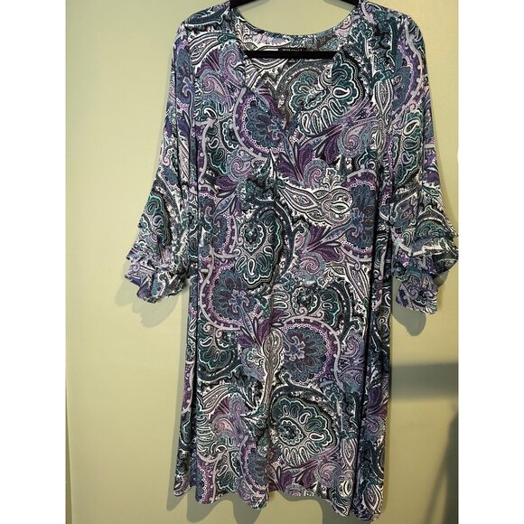 Roz & Ali Paisley Shift Plus SZ Dress 1X Boho Chic 3/4 Sleeve Flowy lightweight - Picture 2 of 10